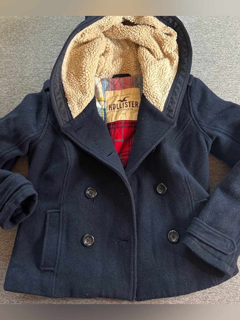 Hollister Peacoat Jacket Womens SM Navy Plaid Double Breasted Sherpa Short 2010s